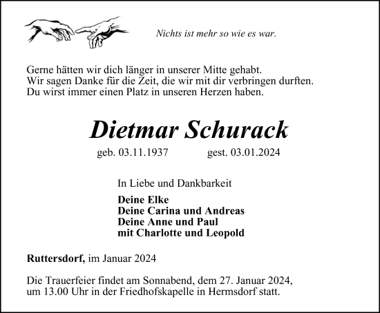 Traueranzeige von Dietmar Schurack von Ostthüringer Zeitung