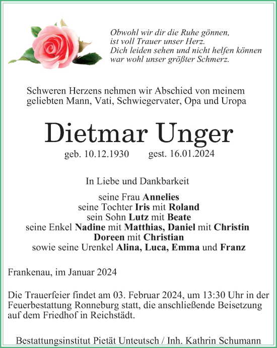 Traueranzeige von Dietmar Unger von Ostthüringer Zeitung