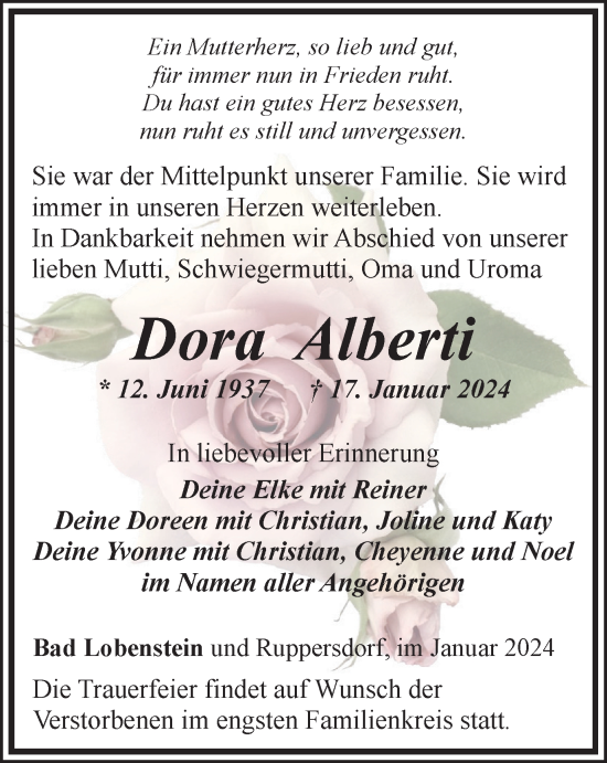 Traueranzeige von Dora Alberti von Ostthüringer Zeitung