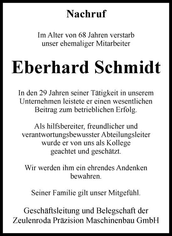 Traueranzeige von Eberhard Schmidt von Ostthüringer Zeitung