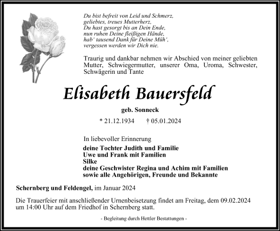 Traueranzeige von Elisabeth Bauersfeld von Thüringer Allgemeine