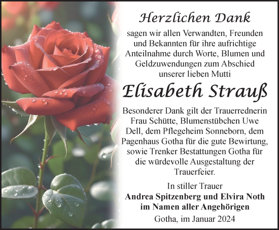 Traueranzeige von Elisabeth Strauß von Thüringer Allgemeine, Thüringische Landeszeitung