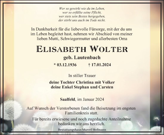 Traueranzeige von Elisabeth Wolter von Ostthüringer Zeitung