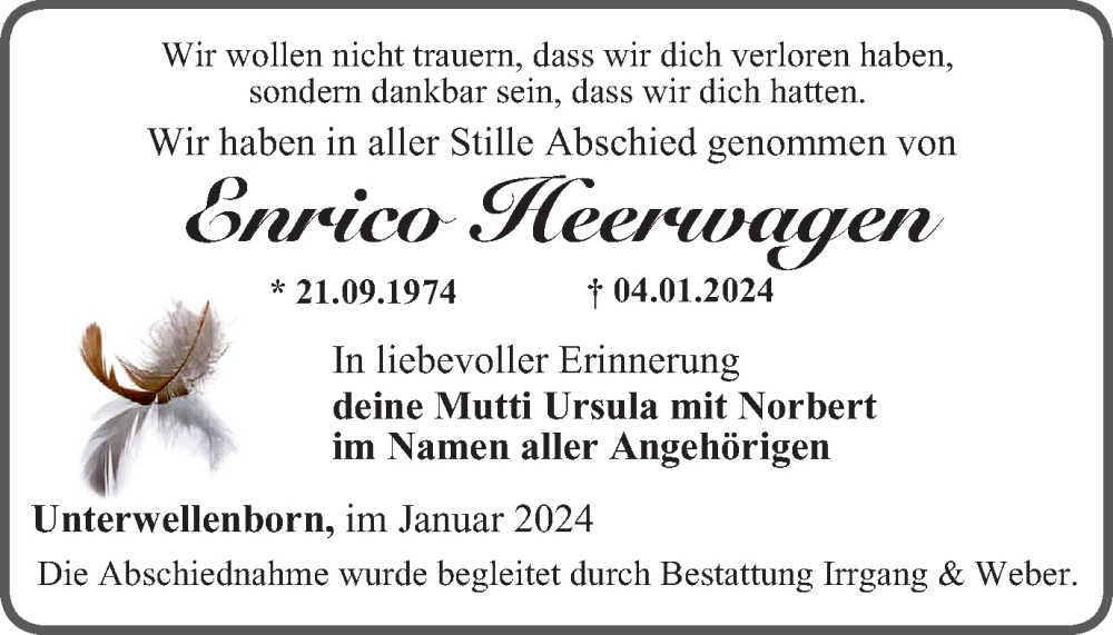  Traueranzeige für Enrico Heerwagen vom 20.01.2024 aus Ostthüringer Zeitung