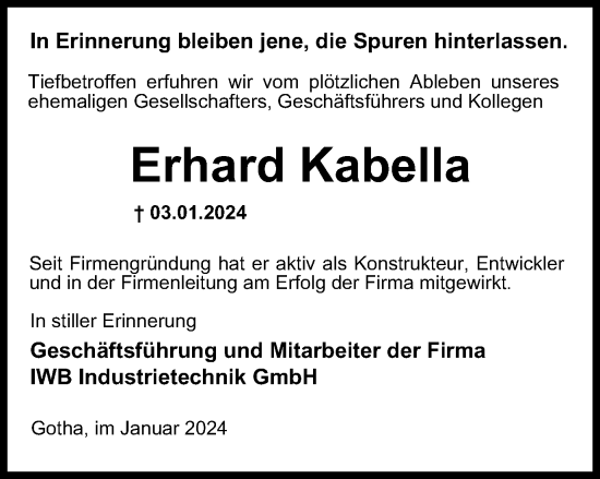 Traueranzeige von Erhard Kabella von Thüringer Allgemeine, Thüringische Landeszeitung