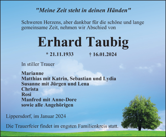 Traueranzeige von Erhard Taubig von Ostthüringer Zeitung