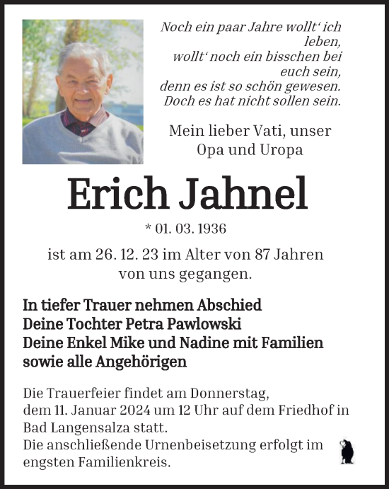 Traueranzeige von Erich Jahnel von Thüringer Allgemeine, Thüringische Landeszeitung