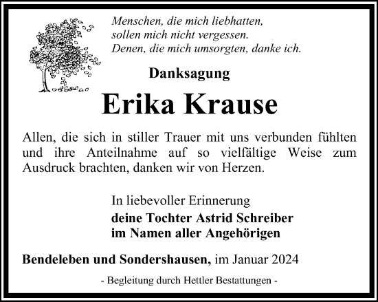 Traueranzeige von Erika Krause von Thüringer Allgemeine