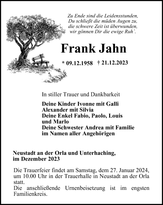 Traueranzeige von Frank Jahn von Ostthüringer Zeitung