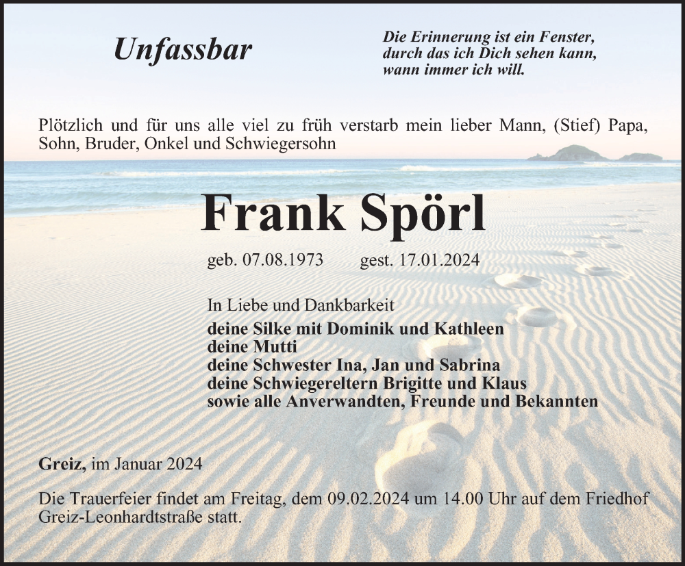  Traueranzeige für Frank Spörl vom 19.01.2024 aus Ostthüringer Zeitung