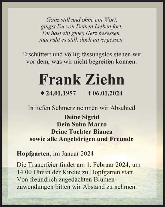 Traueranzeige von Frank Ziehn von Thüringer Allgemeine, Thüringische Landeszeitung