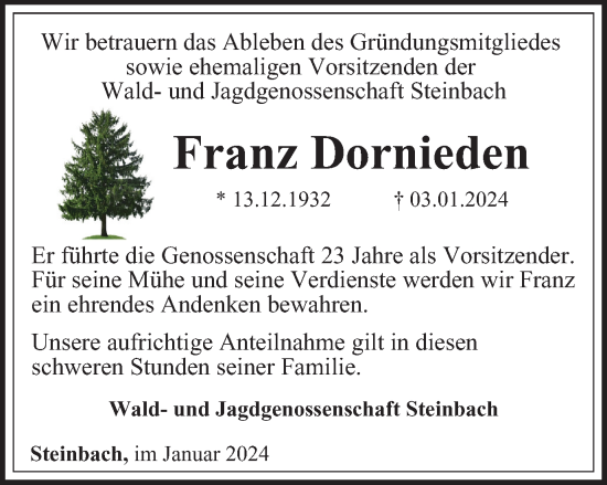 Traueranzeige von Franz Dornieden von Thüringer Allgemeine