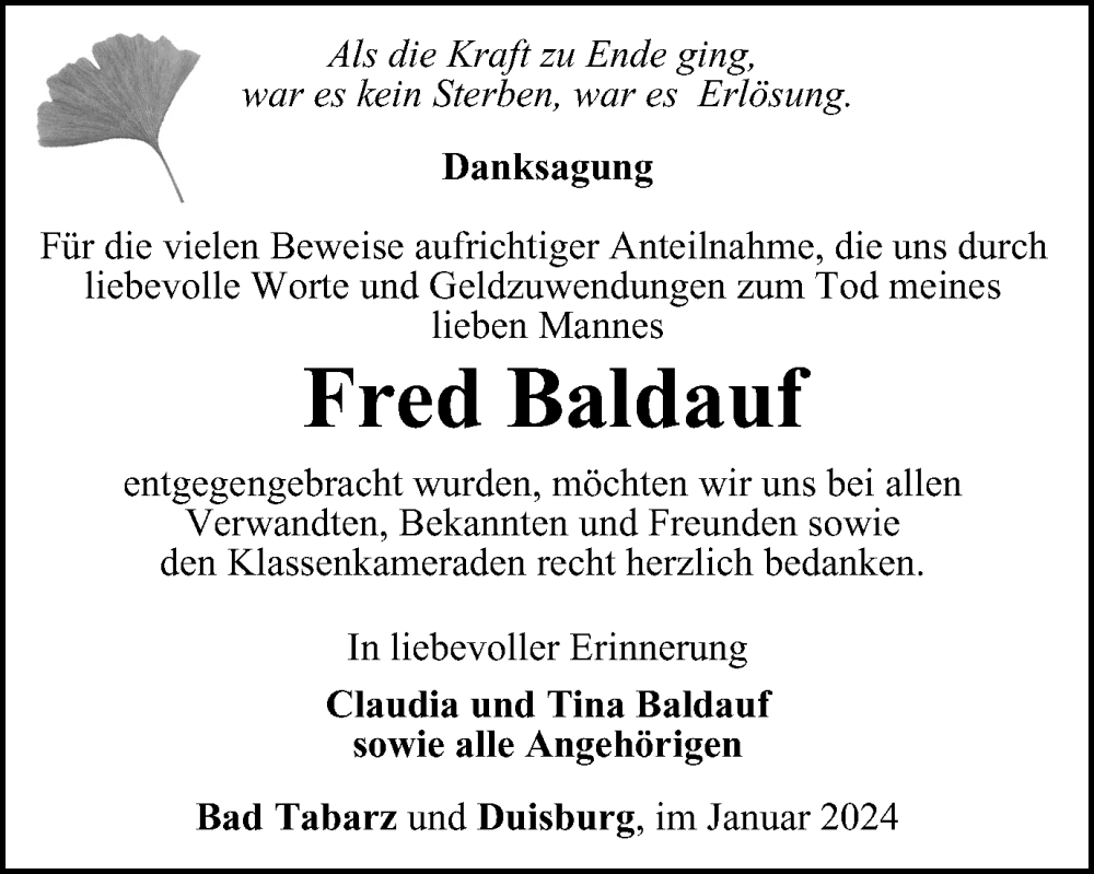  Traueranzeige für Fred Baldauf vom 13.01.2024 aus Thüringer Allgemeine, Thüringische Landeszeitung