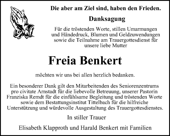 Traueranzeige von Freia Benkert von Thüringer Allgemeine