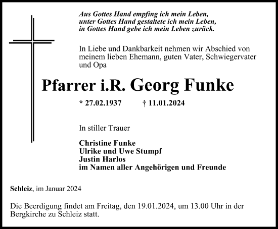 Traueranzeige von Georg Funke von Ostthüringer Zeitung