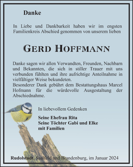 Traueranzeige von Gerd Hoffmann von Ostthüringer Zeitung