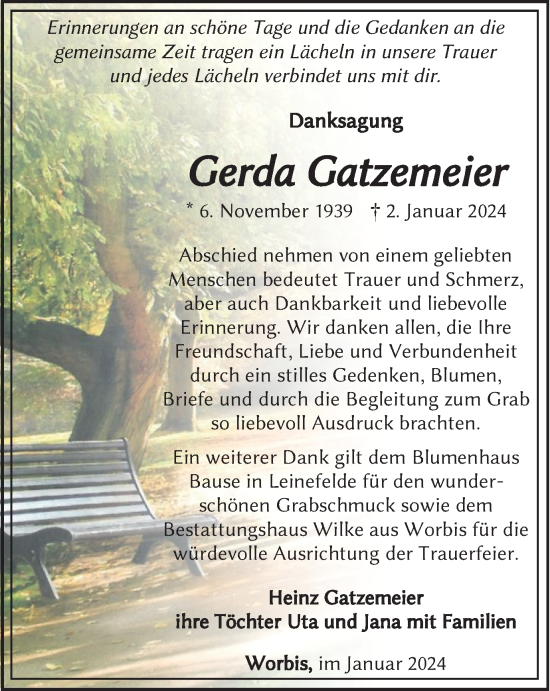 Traueranzeige von Gerda Gatzemeier von Thüringer Allgemeine