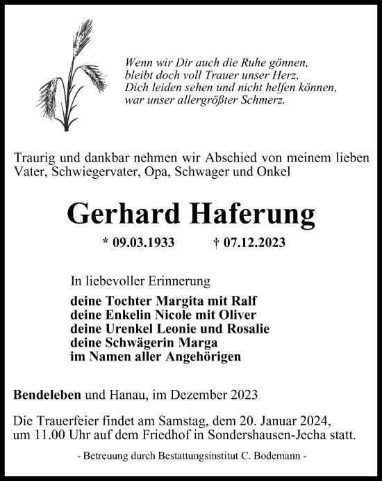 Traueranzeige von Gerhard Haferung