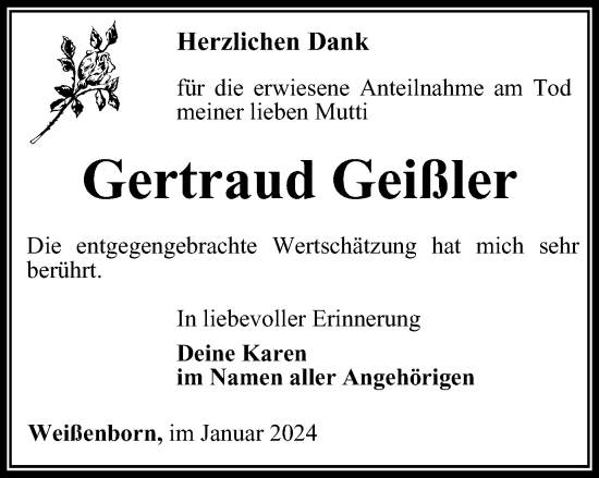 Traueranzeige von Gertraud Geißler von Ostthüringer Zeitung