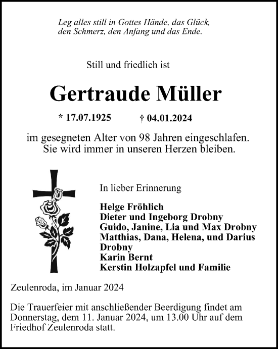 Traueranzeige von Gertraude Müller von Ostthüringer Zeitung