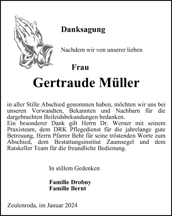 Traueranzeige von Gertraude Müller von Ostthüringer Zeitung