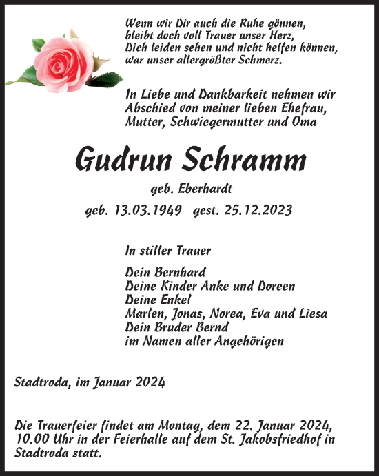 Traueranzeige von Gudrun Schramm von Ostthüringer Zeitung