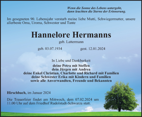 Traueranzeige von Hannelore Hermanns