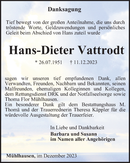 Traueranzeige von Hans-Dieter Vattrodt von Thüringer Allgemeine, Thüringische Landeszeitung