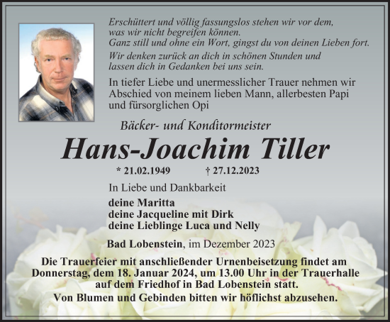 Traueranzeige von Hans-Joachim Tiller von Ostthüringer Zeitung