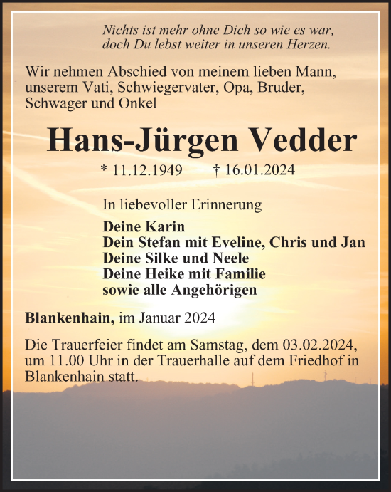 Traueranzeige von Hans-Jürgen Vedder von Thüringer Allgemeine, Thüringische Landeszeitung