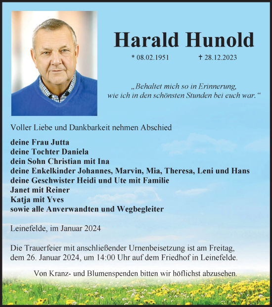 Traueranzeige von Harald Hunold von Thüringer Allgemeine