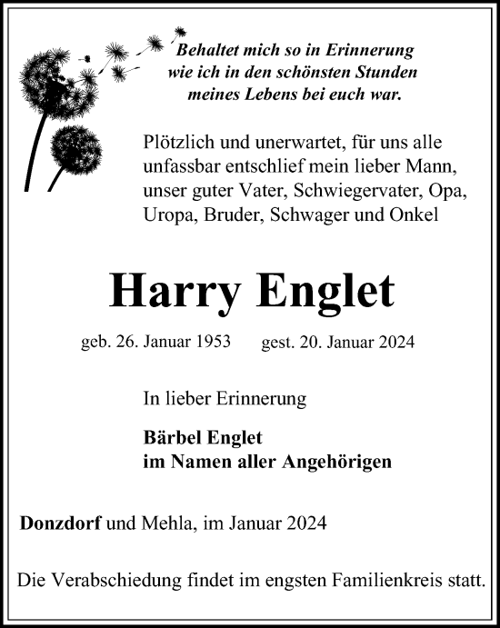 Traueranzeige von Harry Englet von Ostthüringer Zeitung