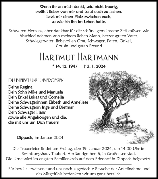 Traueranzeige von Hartmut Hartmann von Thüringer Allgemeine, Thüringische Landeszeitung