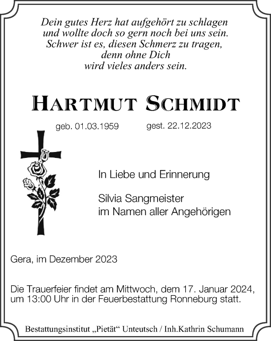 Traueranzeige von Hartmut Schmidt von Ostthüringer Zeitung