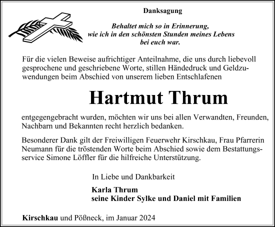 Traueranzeige von Hartmut Thrum von Ostthüringer Zeitung