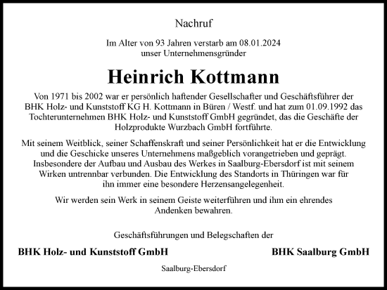 Traueranzeige von Heinrich Kottmann von Ostthüringer Zeitung