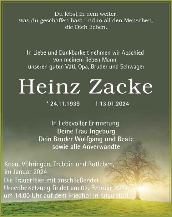 Traueranzeige von Heinz Zacke