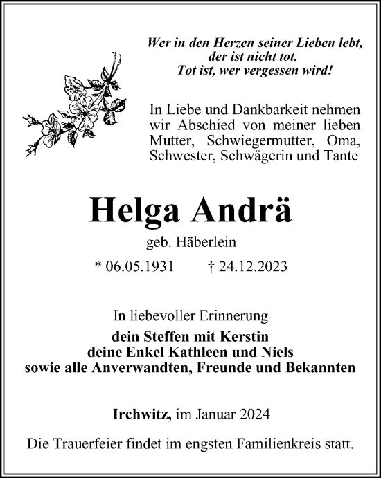 Traueranzeige von Helga Andrä von Ostthüringer Zeitung