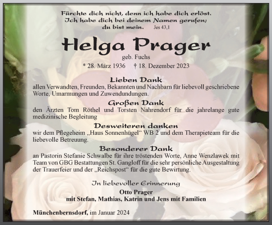 Traueranzeige von Helga Prager von Ostthüringer Zeitung