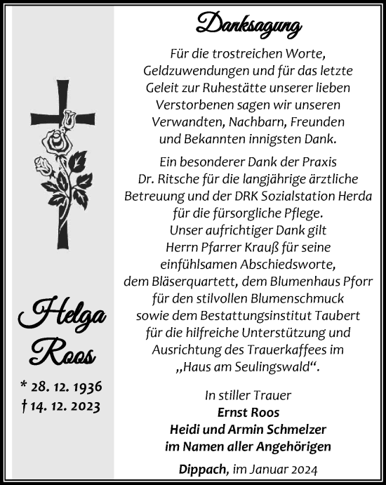 Traueranzeige von Helga Roos von Thüringer Allgemeine, Thüringische Landeszeitung