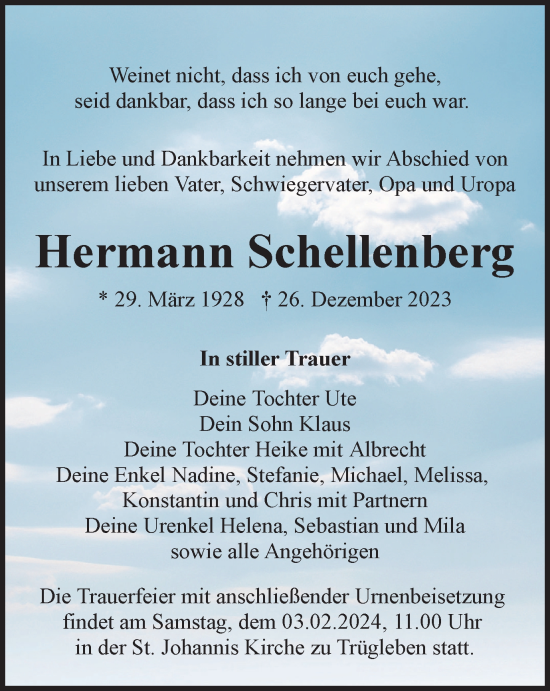 Traueranzeige von Hermann Schellenberg