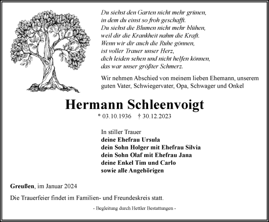 Traueranzeige von Hermann Schleenvoigt von Thüringer Allgemeine