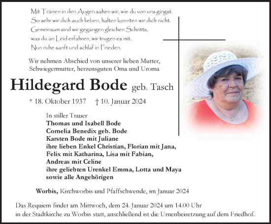 Traueranzeige von Hildegard Bode von Thüringer Allgemeine