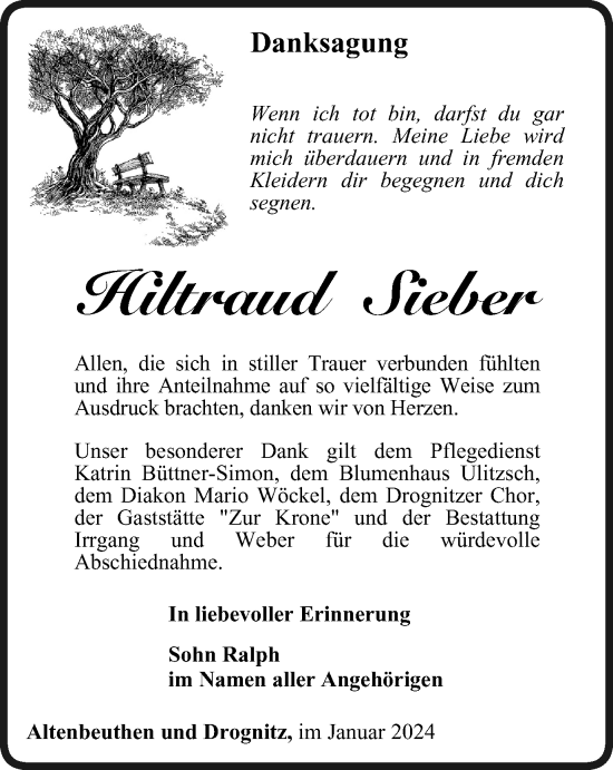 Traueranzeige von Hiltraud Sieber von Ostthüringer Zeitung