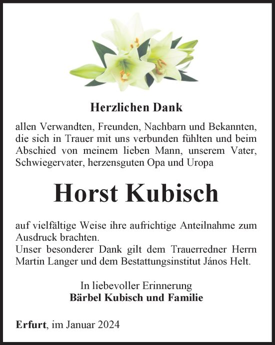 Traueranzeige von Horst Kubisch von Thüringer Allgemeine, Thüringische Landeszeitung