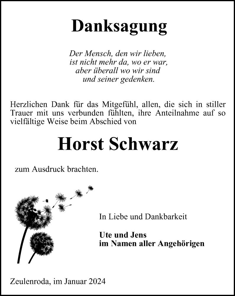  Traueranzeige für Horst Schwarz vom 13.01.2024 aus Ostthüringer Zeitung