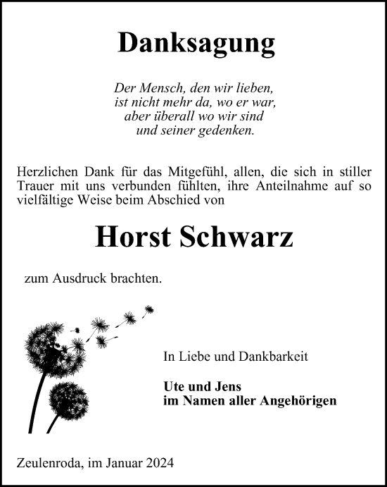 Traueranzeige von Horst Schwarz von Ostthüringer Zeitung