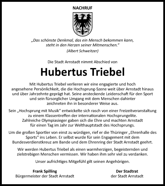 Traueranzeige von Hubertus Triebel von Thüringer Allgemeine