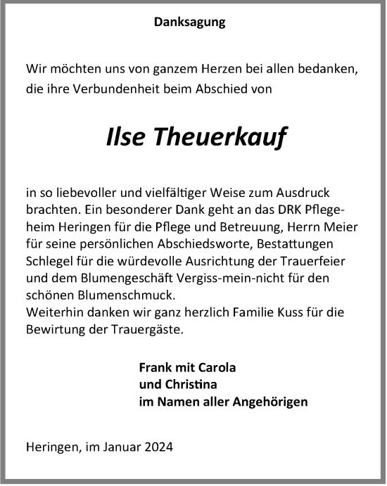 Traueranzeige von Ilse Theuerkauf von Thüringer Allgemeine