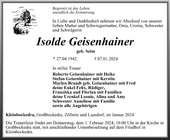 Traueranzeige von Isolde Geisenhainer von Ostthüringer Zeitung